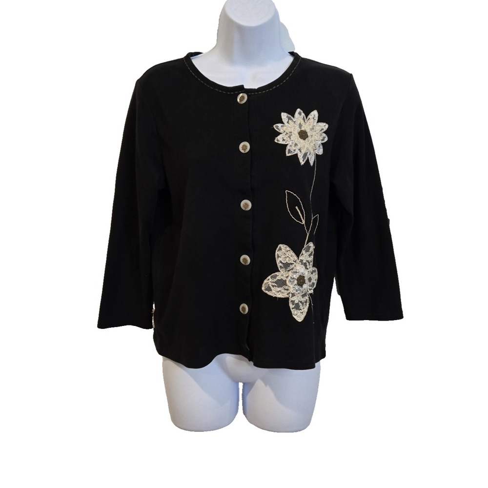Ann Trinity Knits Women's Cardigan Lightweight Button Down Floral Appliques MED
